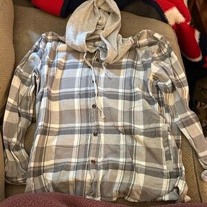 PacSun Men’s Gray and White Flannel Plaid Button-Up Hoodie, Size Large